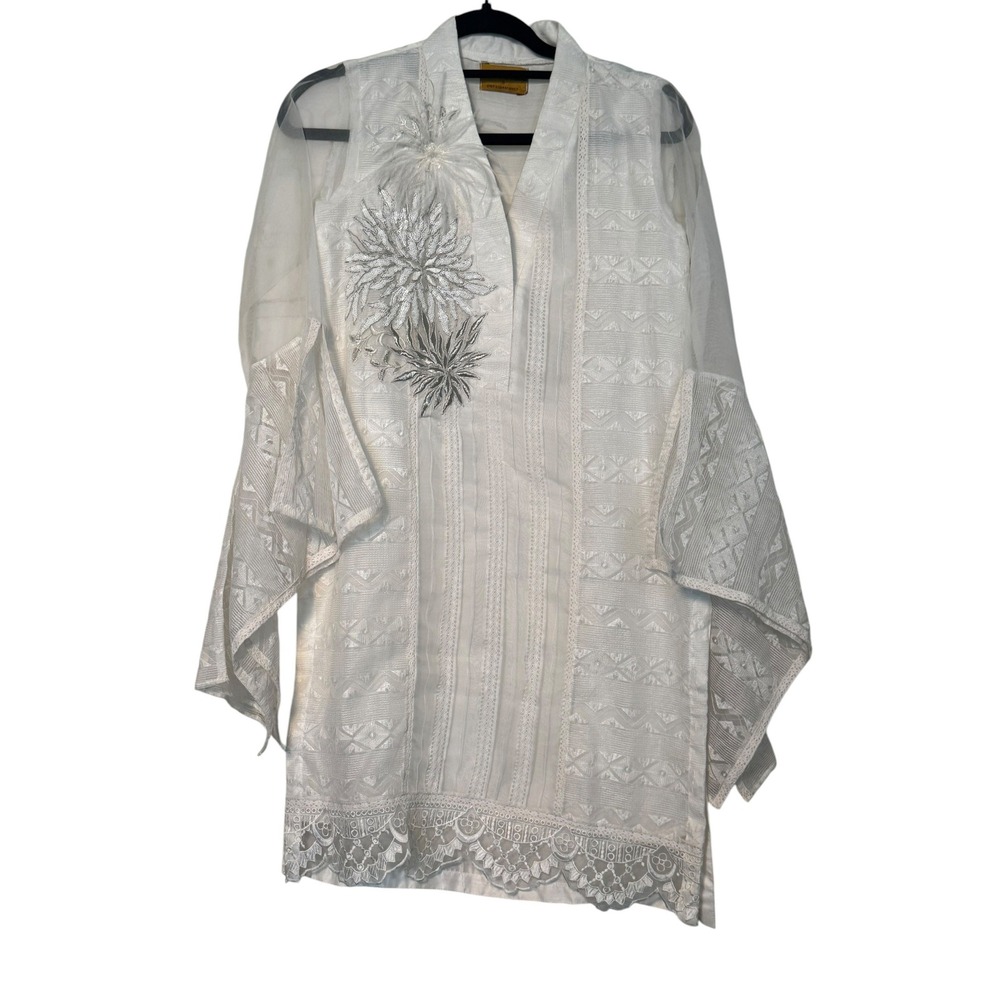 Threads & Motifs White Embroidered Sequin Feather Lace Tunic Bell Sleeve Retro